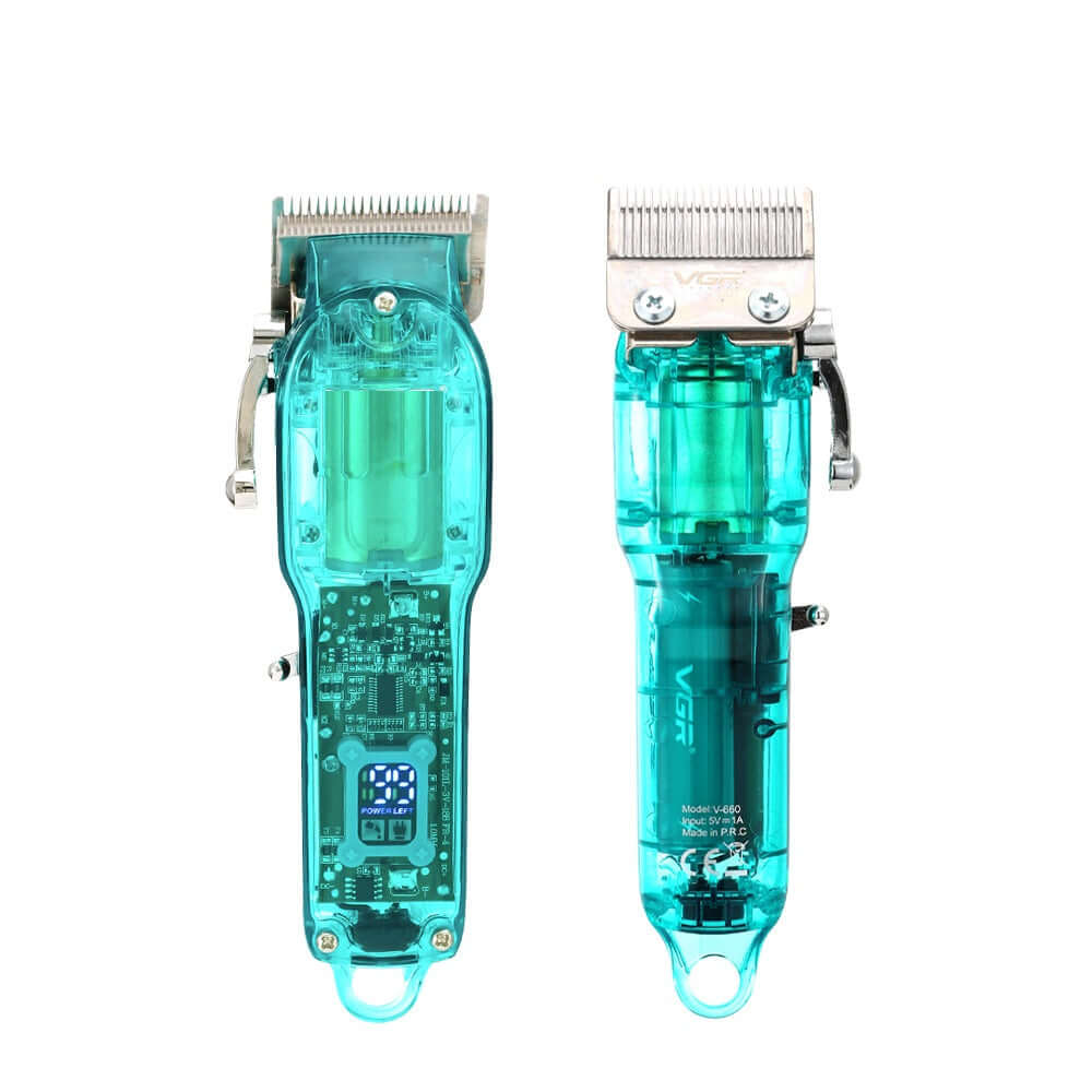 Dropshipman transparent blue digital display hair trimmer showing internal components and blades