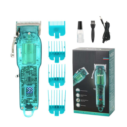 Dropshipman digital display hair trimmer with transparent body and four blue guide combs