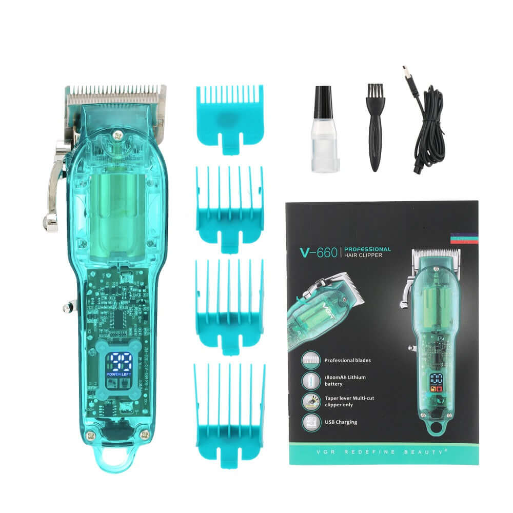 Dropshipman digital display hair trimmer with transparent body, four blue comb attachments, cleaning brush, and USB charging cable