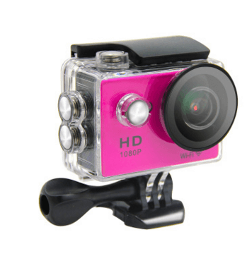 CozyTech Living waterproof action camera 1080p with pink body and protective clear case