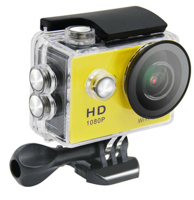CozyTech Living waterproof action camera 1080p with yellow body and protective clear casing