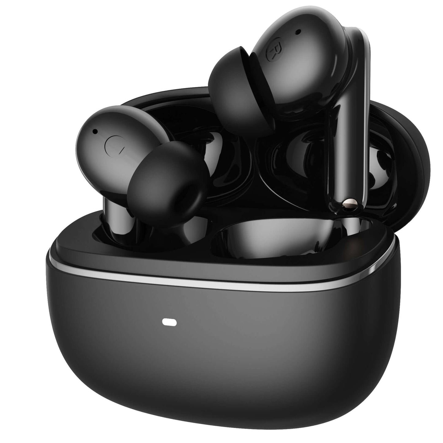 Black waterproof Bluetooth headphones with charging case for wireless audio listening