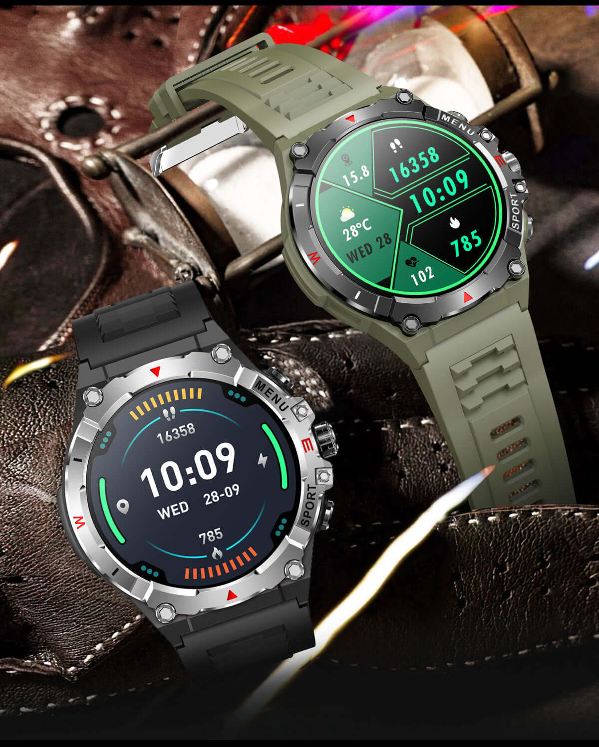 Two waterproof fitness smartwatch for men in black and green with digital displays showing time and activity stats