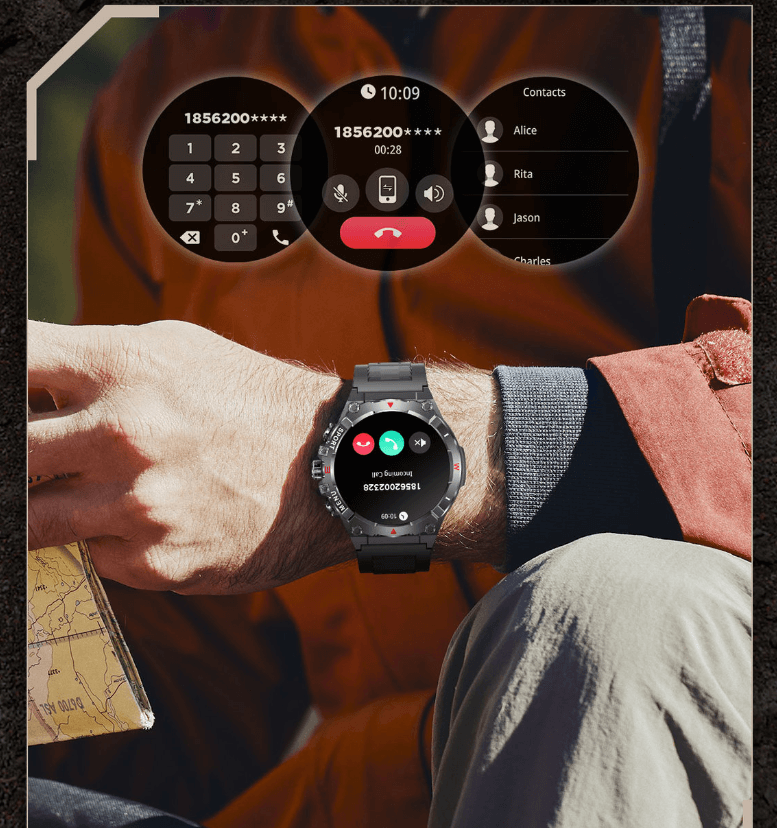 Waterproof fitness smartwatch for men from eprolo showing call and contact features on wrist