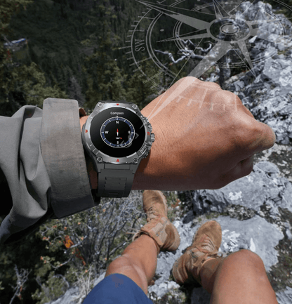 Waterproof fitness smartwatch for men showing compass feature on wrist during outdoor hiking