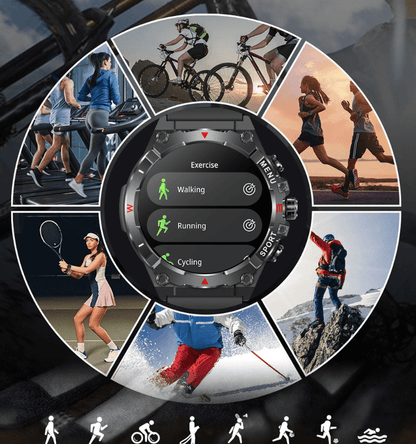 Waterproof fitness smartwatch for men showing exercise modes like walking running and cycling with outdoor activity backgrounds