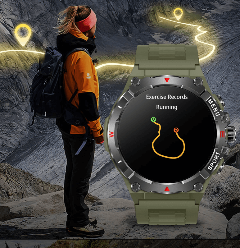 Waterproof fitness smartwatch for men in green showing running exercise records on rocky mountain background