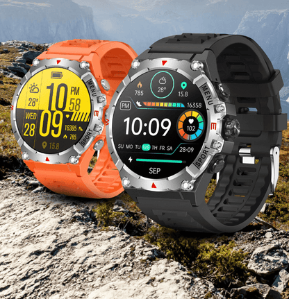 Waterproof fitness smartwatch for men in black and orange with digital health and activity tracking