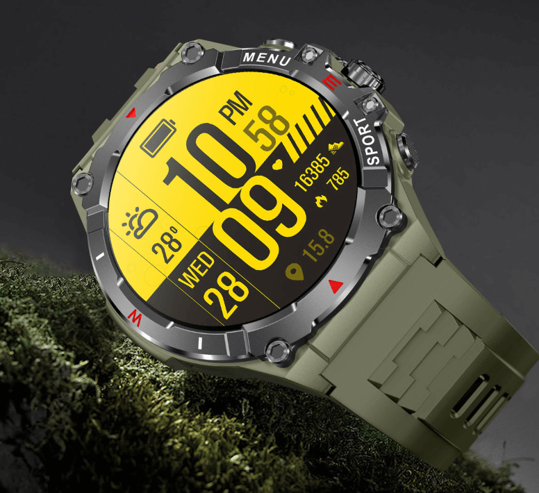 Waterproof fitness smartwatch for men with yellow digital display and green strap by eprolo