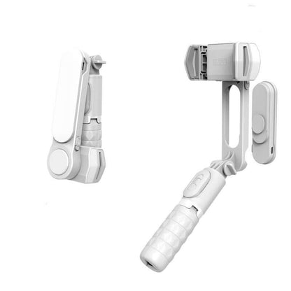CozyTech Living Bluetooth selfie stick tripod with remote in white, folded and extended views