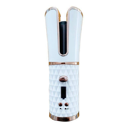 Dropshipman wireless automatic curling iron with white and rose gold design and control buttons