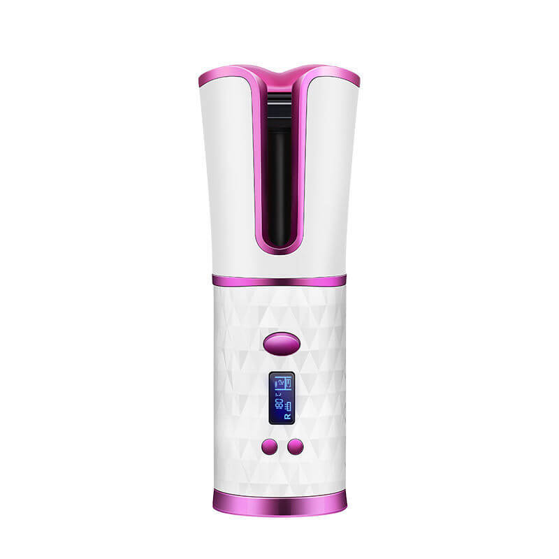 Dropshipman wireless automatic curling iron in white and pink with digital display and buttons