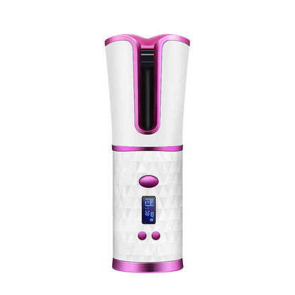 Dropshipman wireless automatic curling iron in white and pink with digital display and buttons