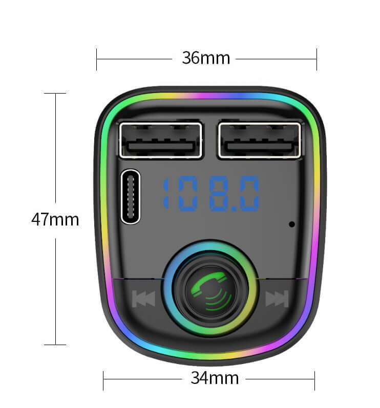 Compact wireless car audio transmitter with dual USB ports and LED display showing frequency 108.0