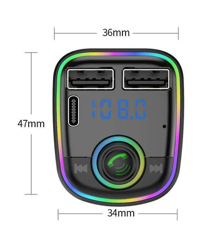 Compact wireless car audio transmitter with dual USB ports and LED display showing frequency 108.0