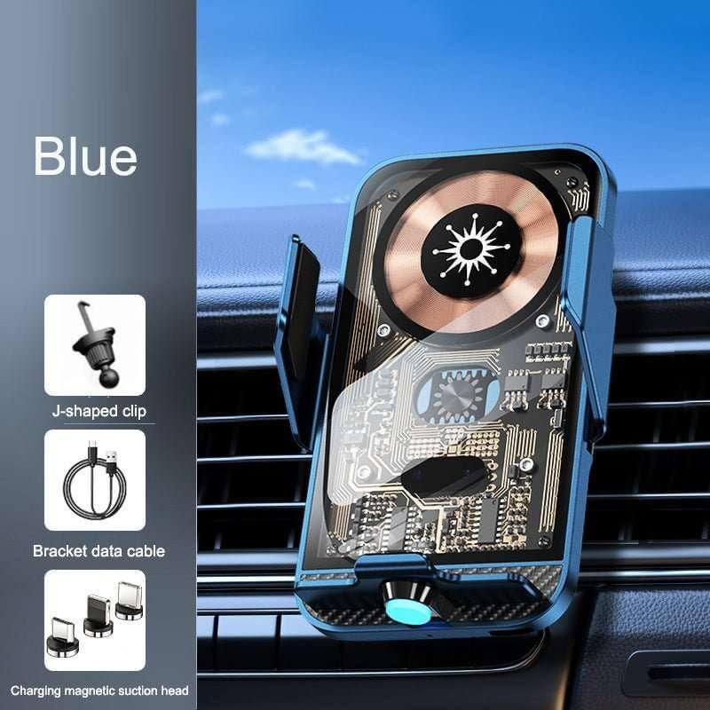 Blue wireless car phone charger mount by eprolo with J-shaped clip and magnetic suction for car air vent