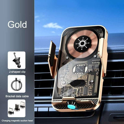Gold wireless car phone charger mount with clear circuit design and adjustable arms attached to car vent