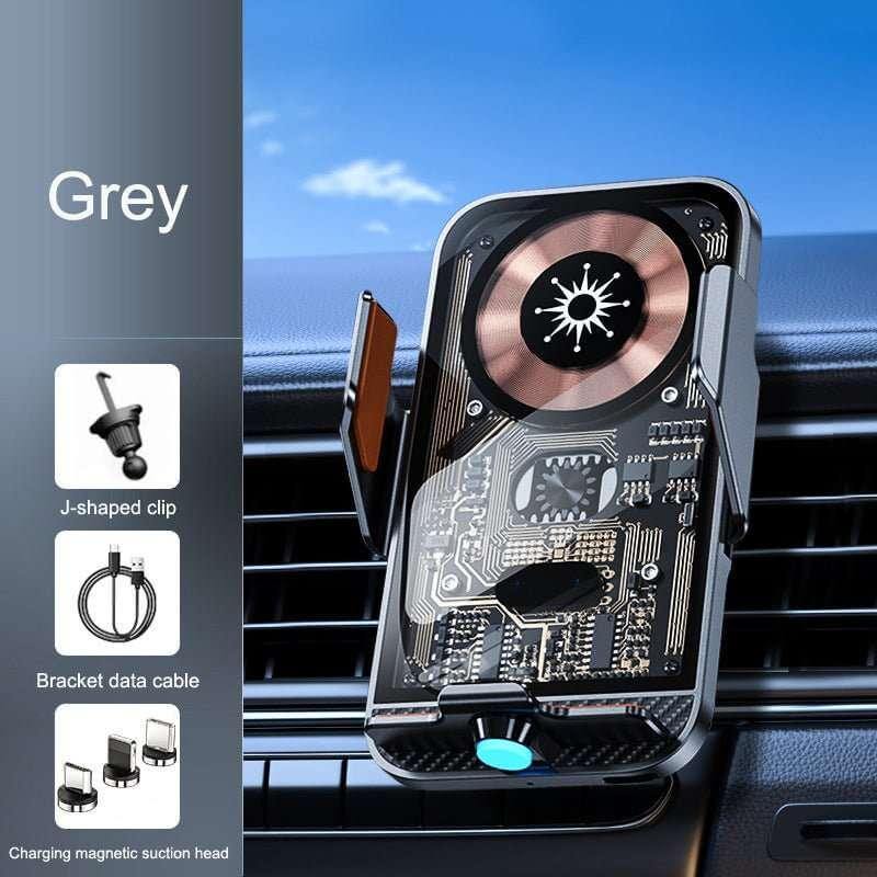 Grey wireless car phone charger mount with J-shaped clip and magnetic charging suction head attached to car vent