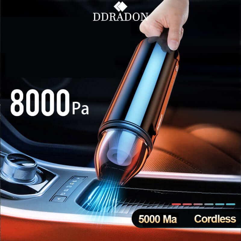 The Dropshipman Wireless Car Vacuum Cleaner in action inside a car, demonstrating its powerful 8000Pa suction for effortless cleaning of interiors.