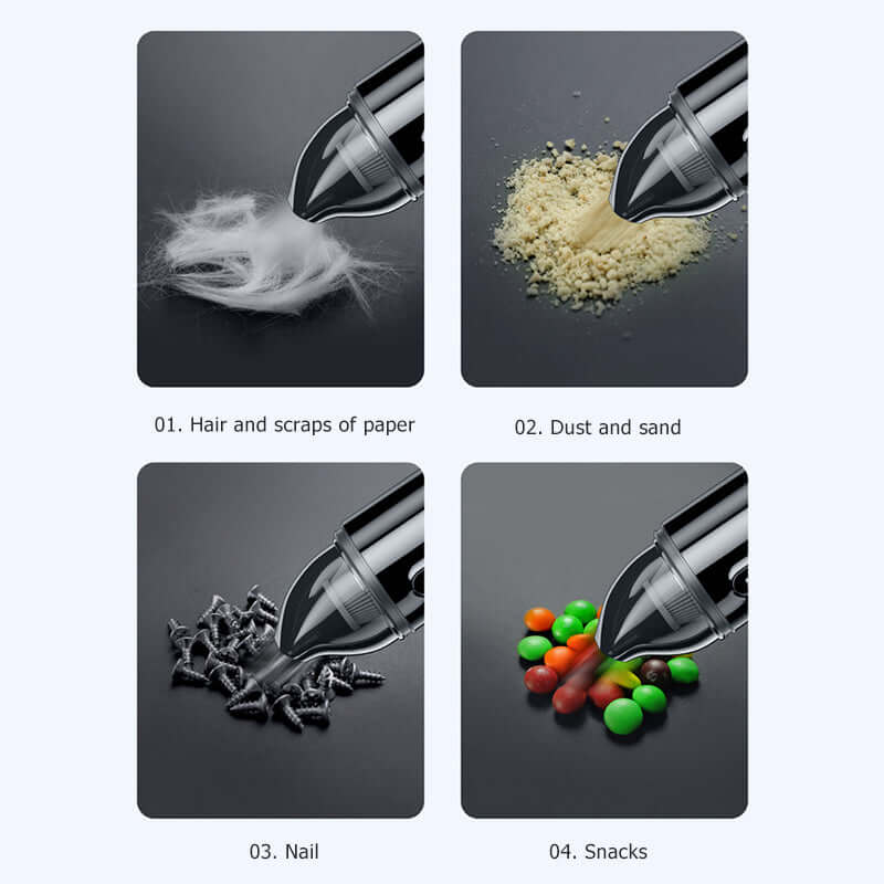 Showcase of cleaning capabilities of the Dropshipman Wireless Car Vacuum Cleaner, featuring various debris types like hair and snacks to emphasize its efficiency.