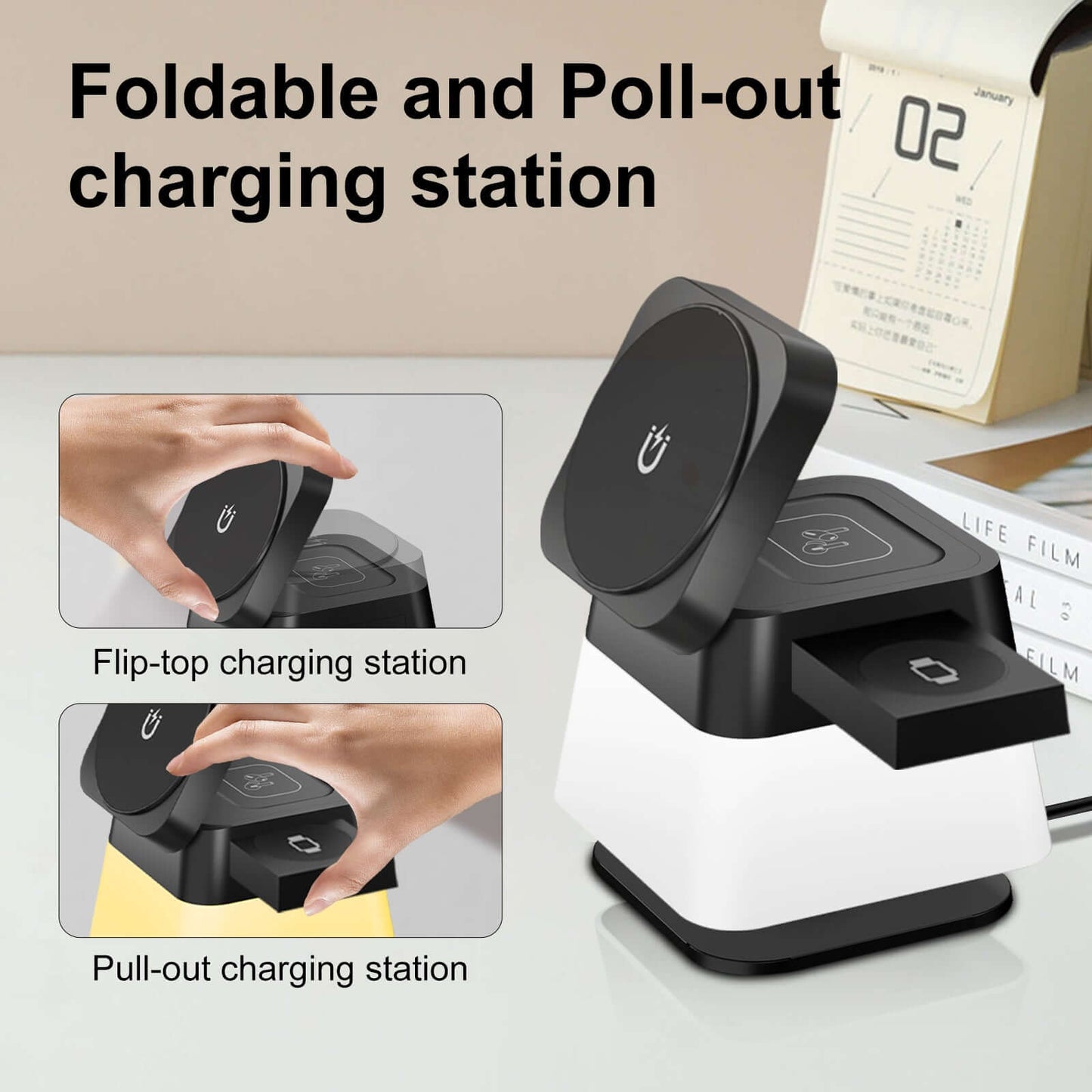 Foldable wireless charger for Apple devices with flip-top and pull-out charging station design