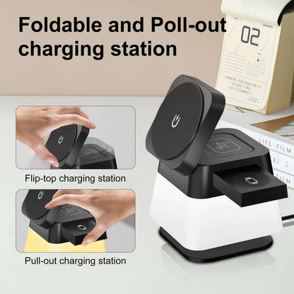 Foldable wireless charger for Apple devices with flip-top and pull-out charging station design