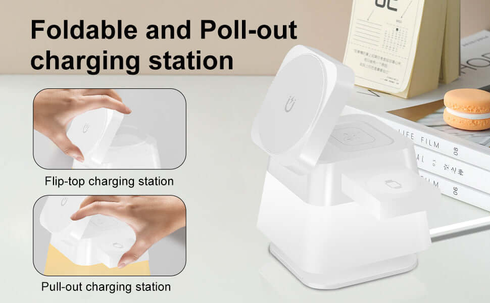 Foldable and poll-out wireless charger for Apple devices with flip-top and pull-out charging station