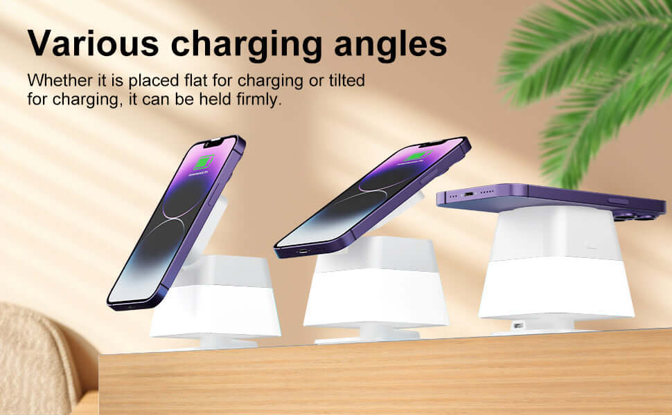Wireless charger for Apple devices showing multiple charging angles with phones on a wooden surface