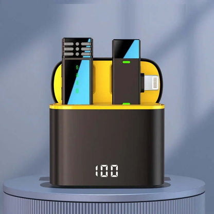Eprolo Clear Reception Wireless Microphone docked in its charging case with digital battery indicator, perfect for live streaming microphone applications.