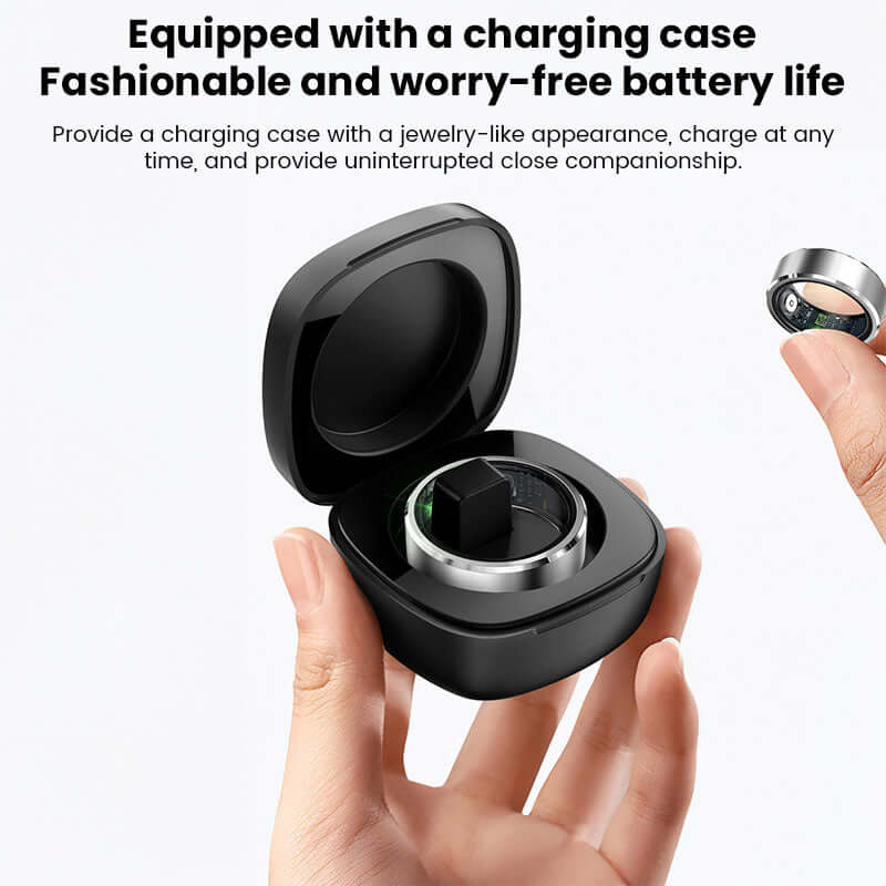 Xiaomi smart ring fitness tracker with a portable charging case showcasing jewelry-like design