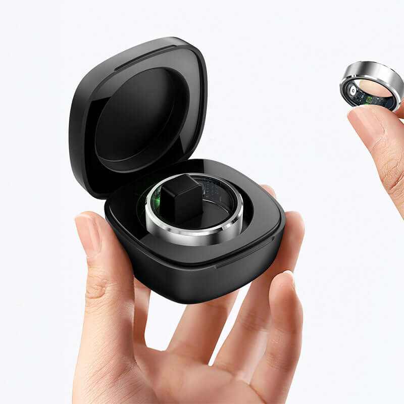 Xiaomi smart ring fitness tracker with sleek charging case held in hand by eprolo