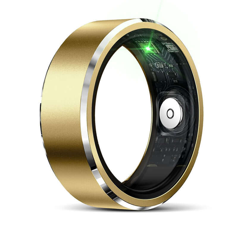 Gold Xiaomi smart ring fitness tracker with digital sensors and sleek metallic design