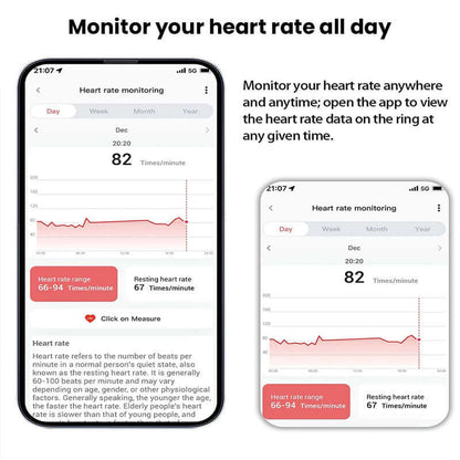 Xiaomi smart ring fitness tracker app displaying heart rate monitoring with data on beats per minute