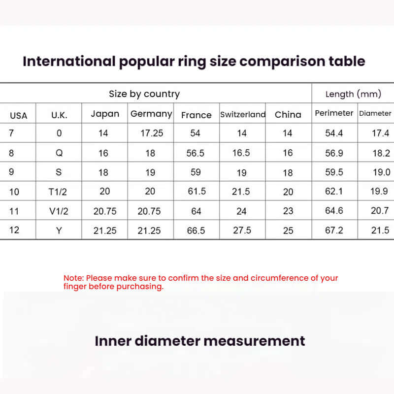 International ring size comparison table with measurements for Xiaomi smart ring fitness tracker