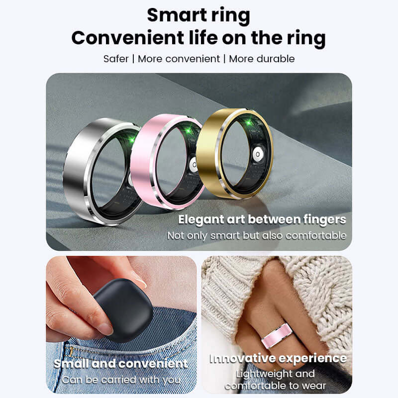 Xiaomi smart ring fitness tracker in silver pink and gold colors with lightweight comfortable design