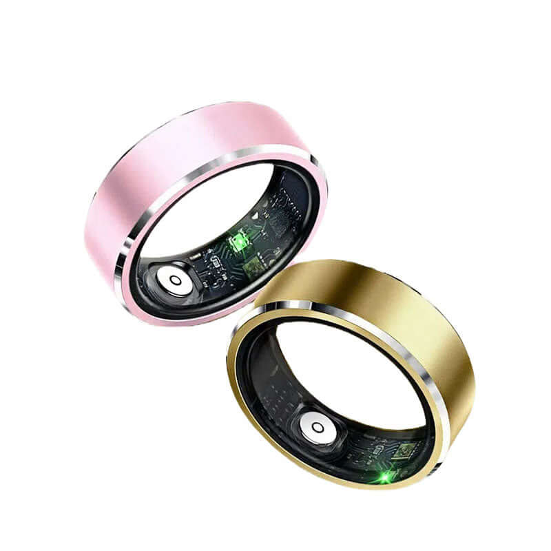 Xiaomi smart ring fitness tracker in pink and gold with visible electronic sensors and sleek design