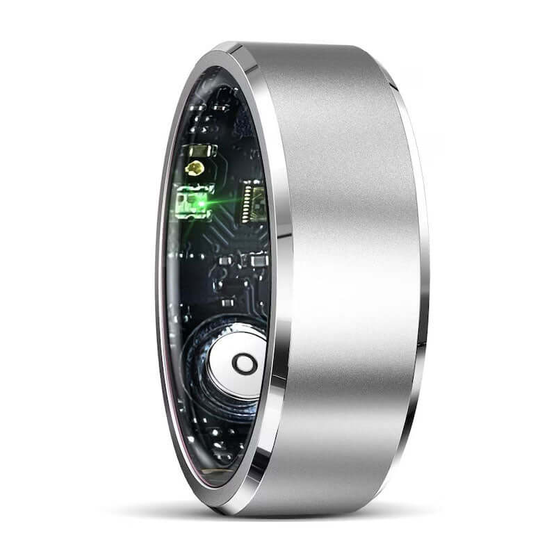 Xiaomi smart ring fitness tracker showing internal electronics and sensor components in silver finish