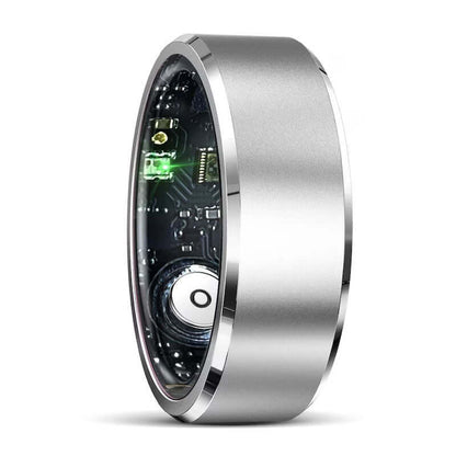 Xiaomi smart ring fitness tracker showing internal electronics and sensor components in silver finish