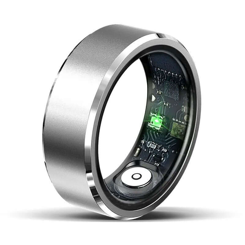 Xiaomi smart ring fitness tracker with sleek silver design and visible electronic components inside