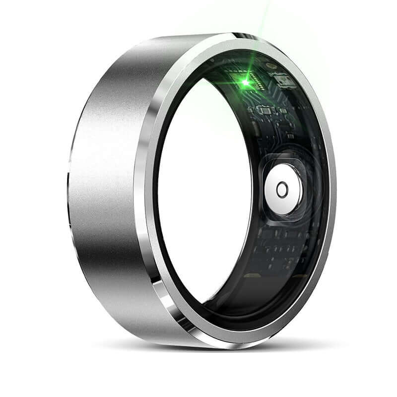 Sleek silver Xiaomi smart ring fitness tracker with visible internal sensor and modern design