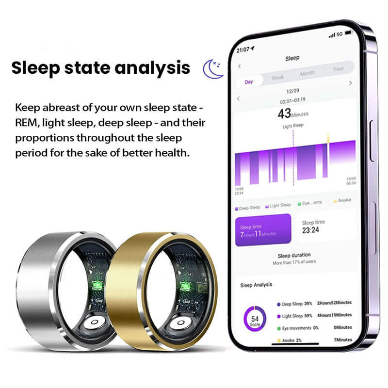 Xiaomi smart ring fitness tracker showing sleep state analysis on smartphone with silver and gold rings