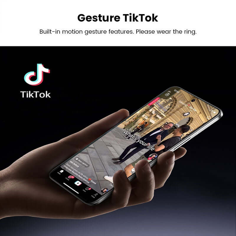 Xiaomi smart ring fitness tracker used for gesture control with TikTok app on smartphone