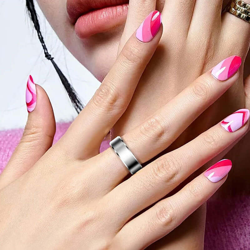 Xiaomi smart ring fitness tracker worn on finger with silver sleek design by eprolo