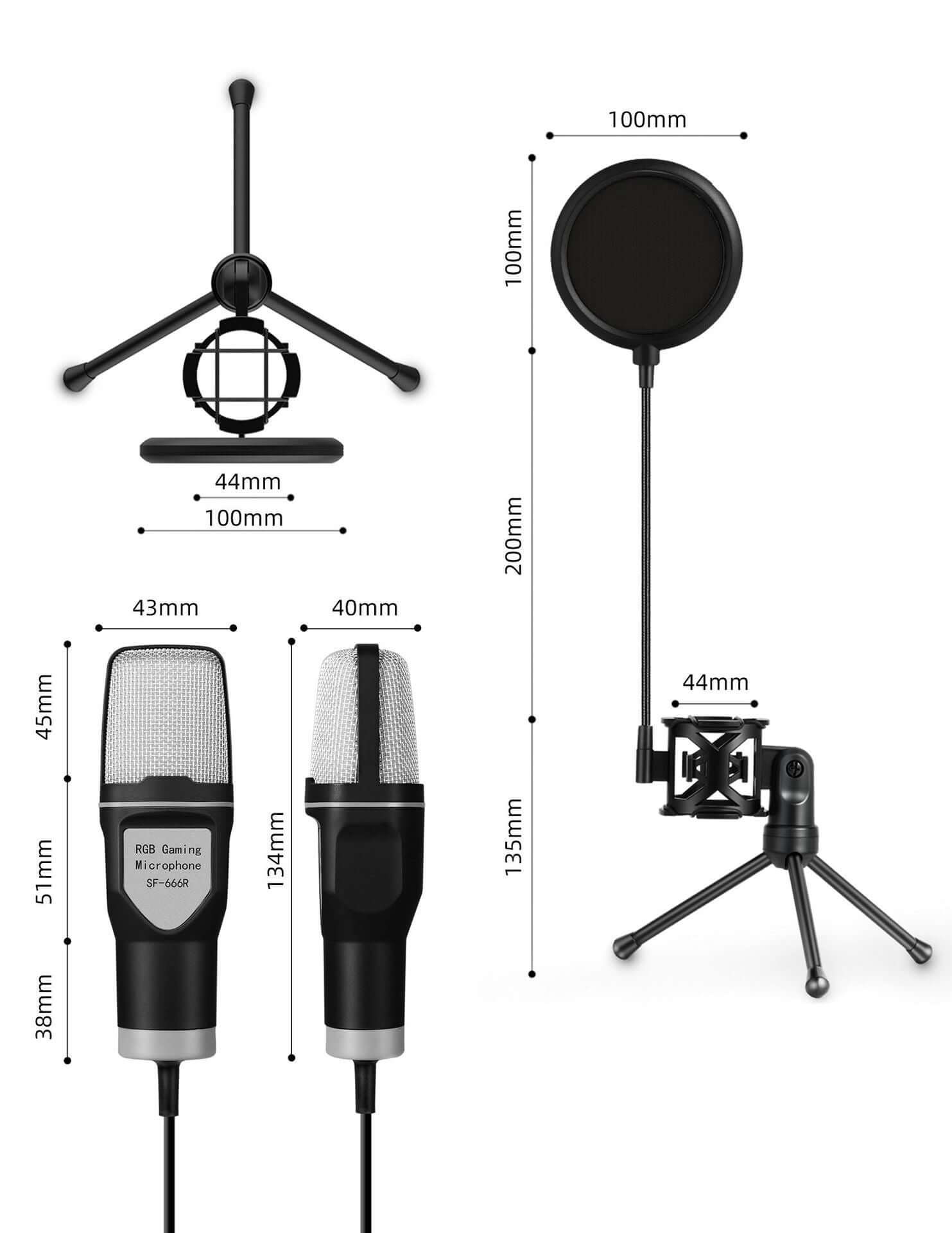 Dynamic podcast microphone with stand showing detailed measurements and components in black