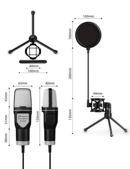 Dynamic podcast microphone with stand showing detailed measurements and components in black