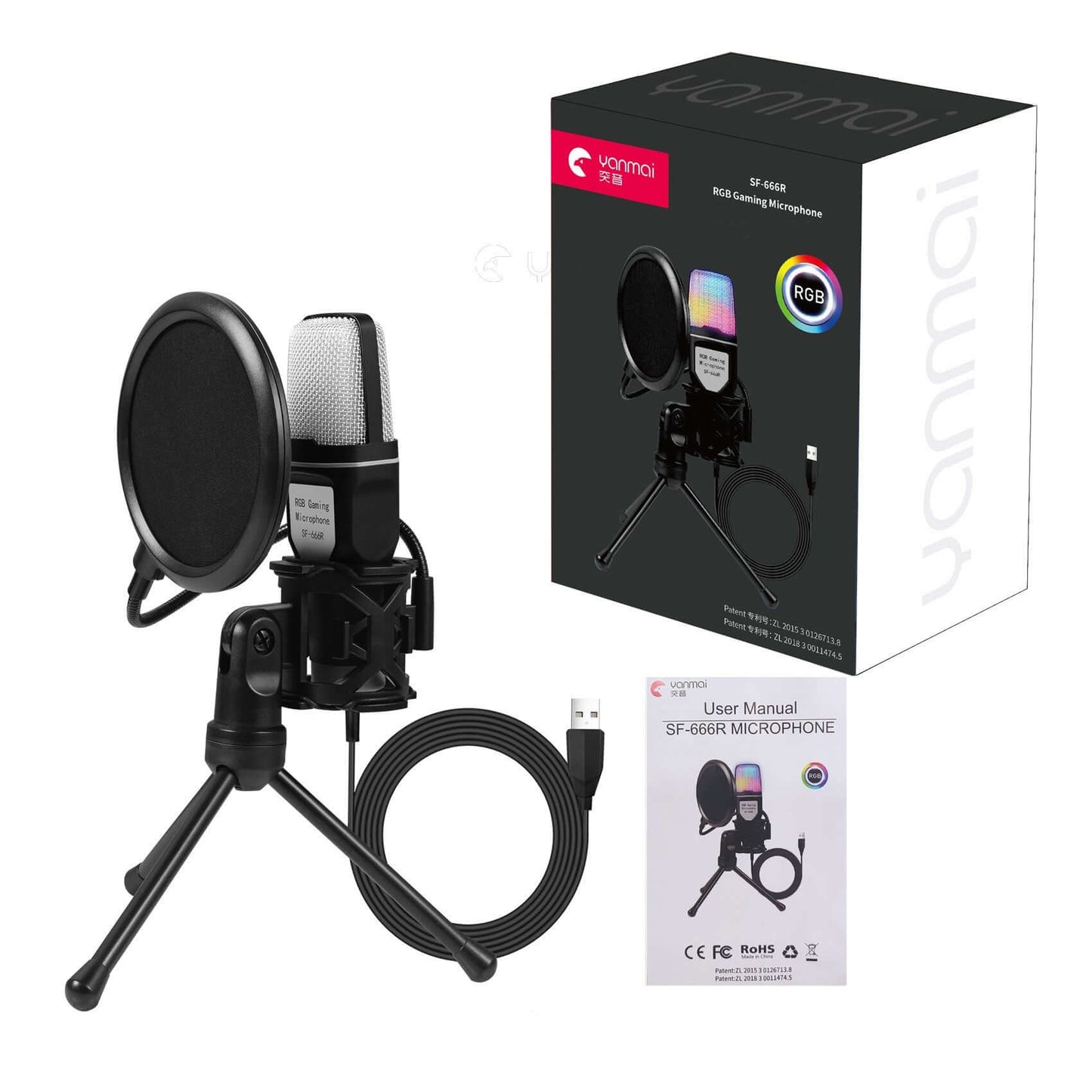 Dynamic podcast microphone with stand featuring pop filter and USB cable by Dropshipman