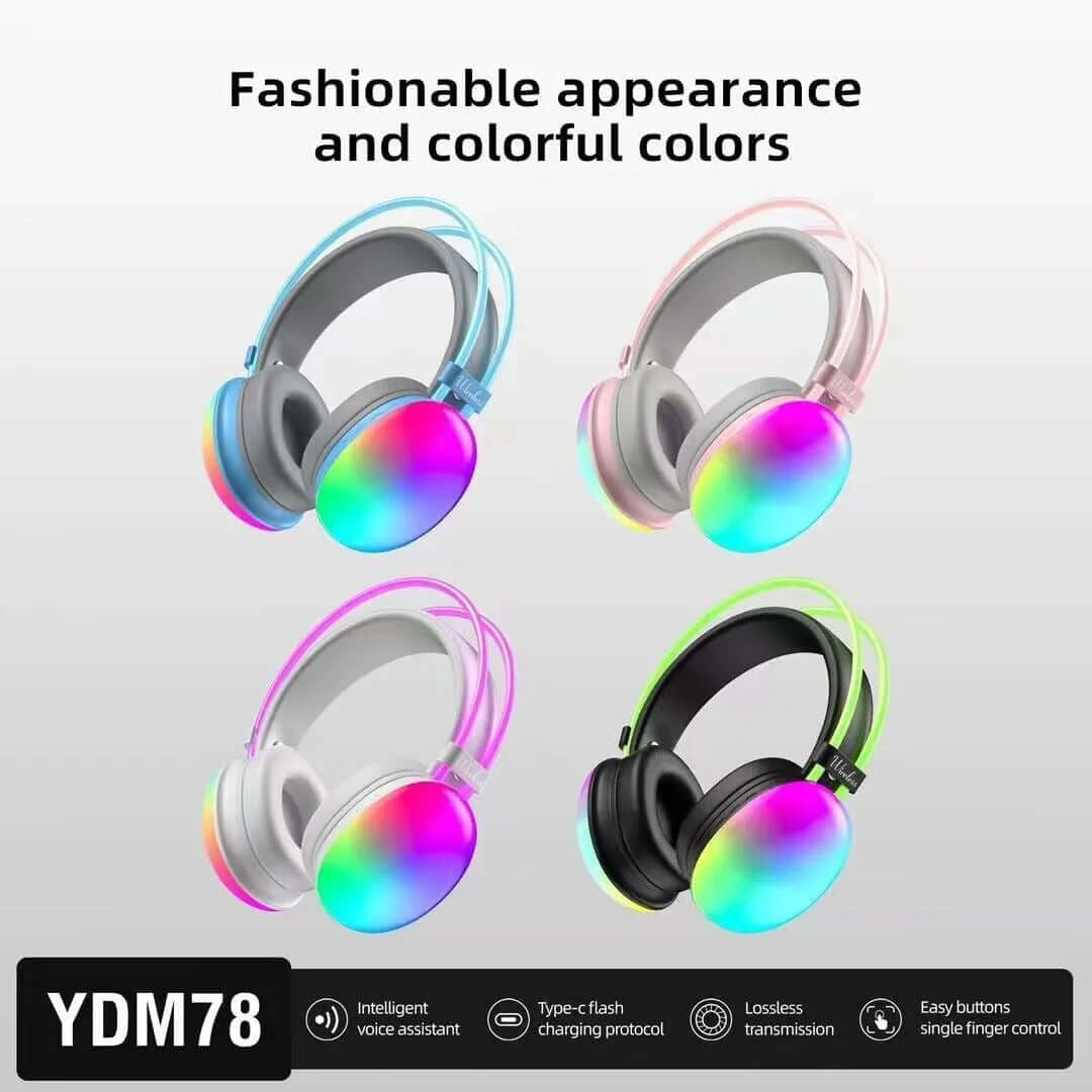 eprolo colorful head mounted wireless headset in blue, pink, purple, and black with rainbow ear cups