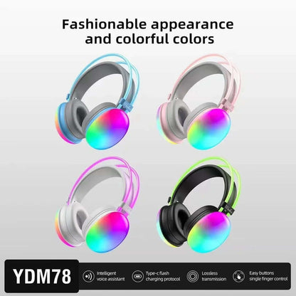 eprolo colorful head mounted wireless headset in blue, pink, purple, and black with rainbow ear cups
