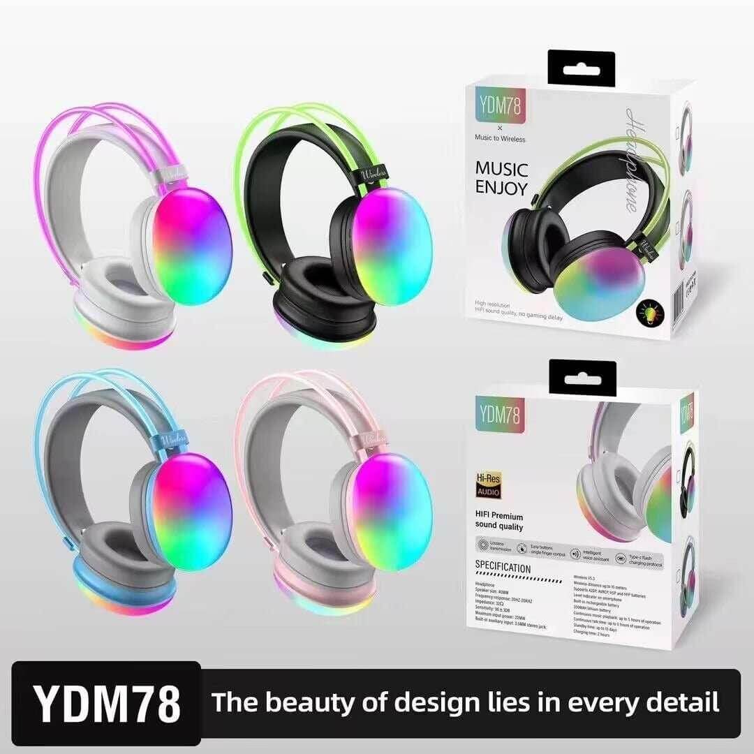 Eprolo head mounted wireless headset in multiple colors with rainbow earcups and packaging boxes